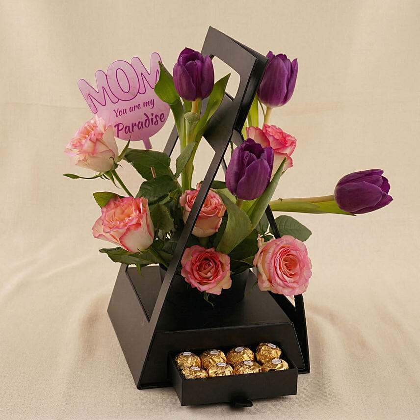Premium Purple Tulips & Rose Hut Box with Chocolates: Mother's Day Gifts