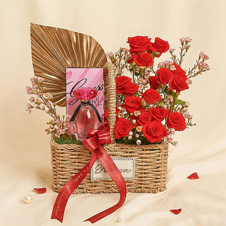 Guess Girl Perfume and Red Roses Gift Basket: Valentine's Day Hampers