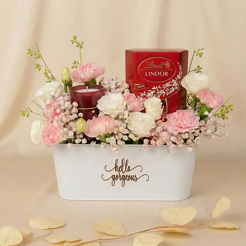 Charming Pink Basket with Flowers, Lindt Chocolates & Candle: Flowers and Chocolates