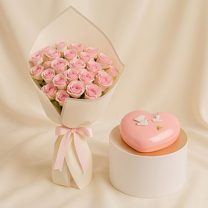 Romantic Pink Roses & Chocolate Heart Cake Combo: 