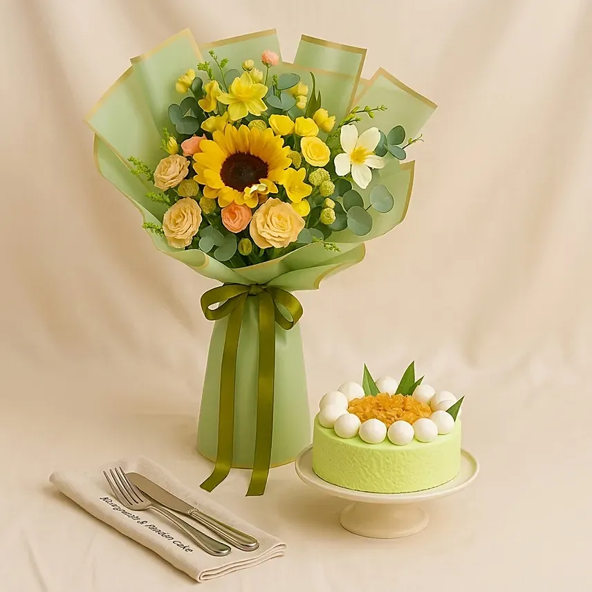 Sunbeam - Floral Fushion Bouquet & Pandan Ondeh Ondeh Cake: Cake and Flowers 