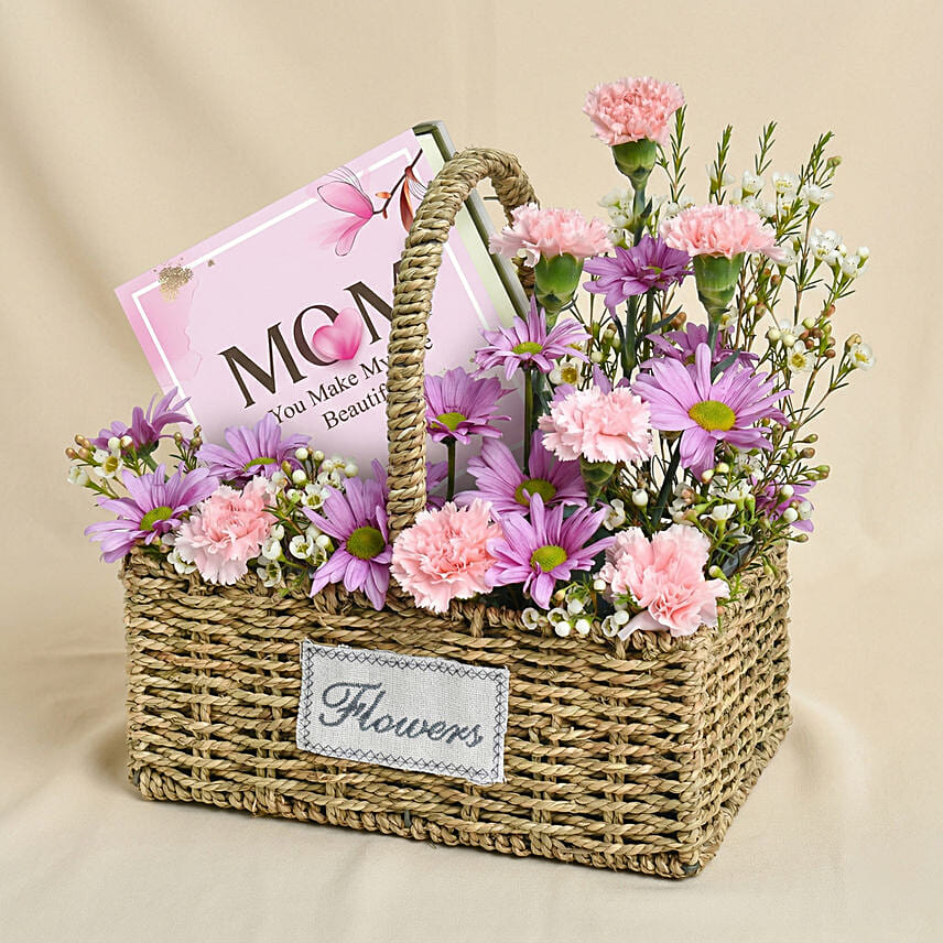 Mother&rsquo;s Love Pink & Purple Floral Basket with Chocolates: Mother's Day Flowers