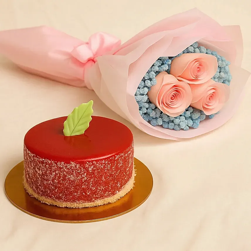 Lovely Pink Rose Baby Breath Bouquet With Mini Mousse Cake: Rose Bouquet For Birthday