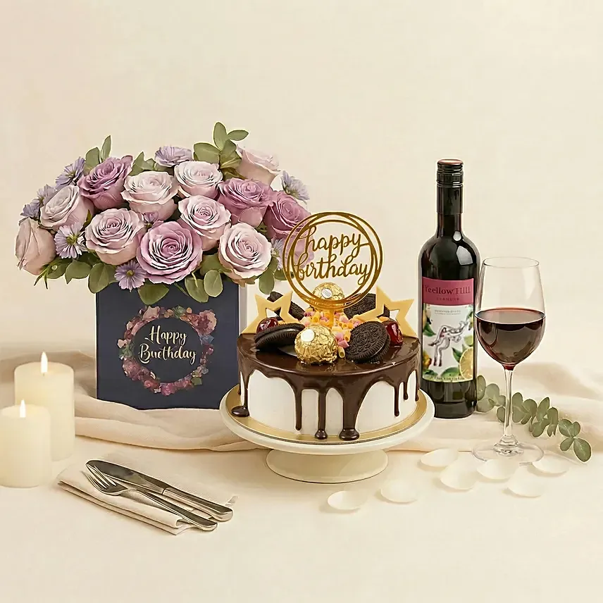 Birthday Gift Set - Roses Cake & Wine: Cake Delivery Singapore