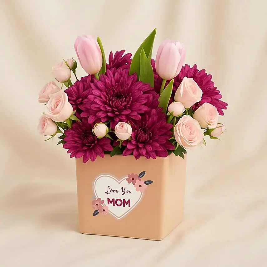 Love You MOM Flowers Vase: Purple Flowers