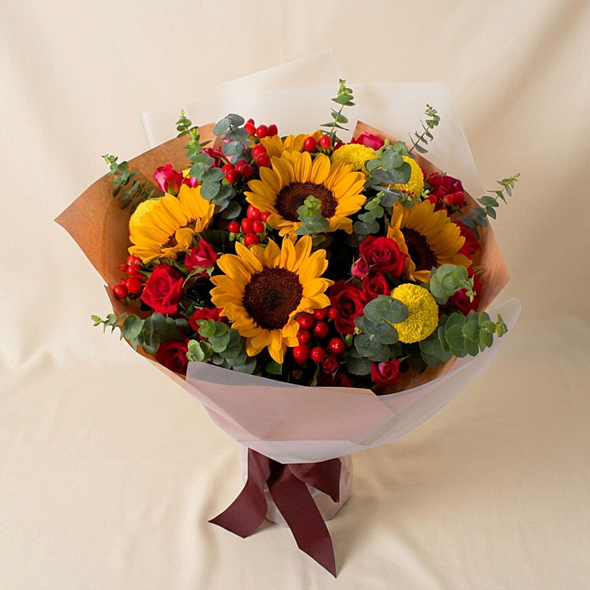 Yellow and Red Floral Energy Bouquet: Sunflower Bouquets
