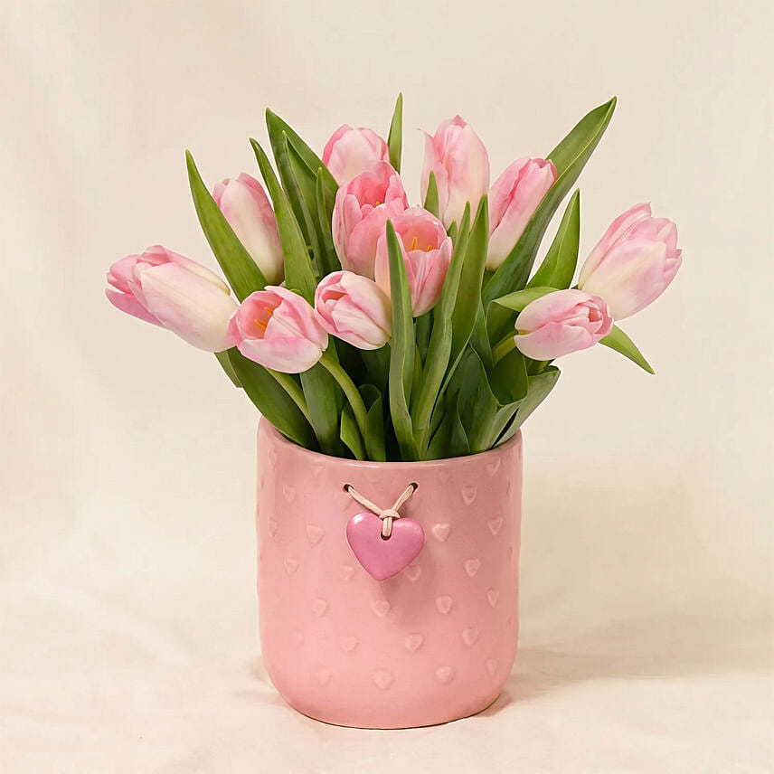 Pink Tulips In Premium Ceramic Vase: Mother's Day Gifts