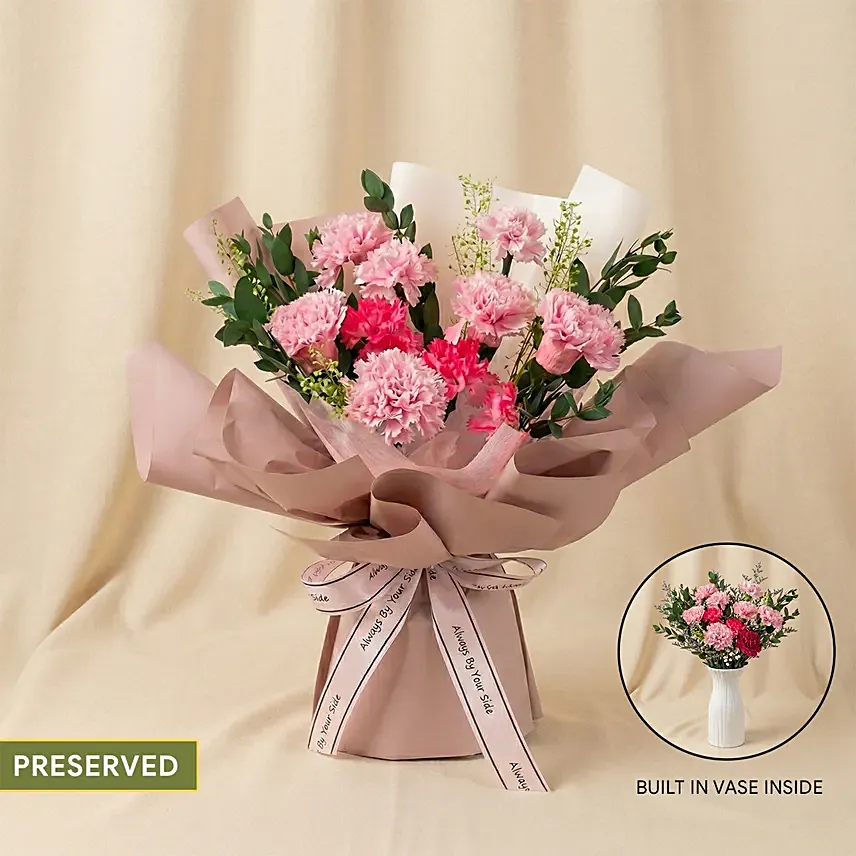 2 in 1 Pink Carnation Bouquet with Hidden Vase: Dried Flower Bouquets Singapore