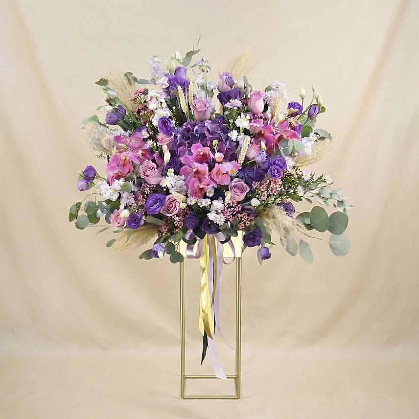Mesmerising Purple & Pink Flowers Tripod Stand: Hydrangeas Bouquets