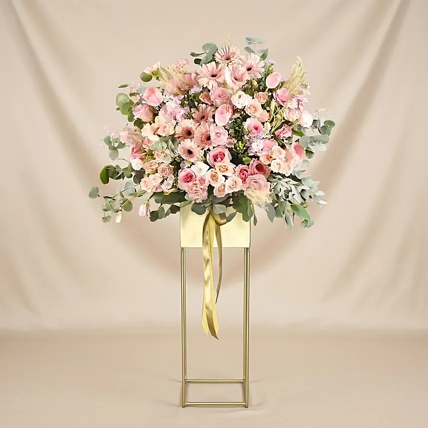Blooming Pink Flowers Tripod Stand: Grand Opening Flowers
