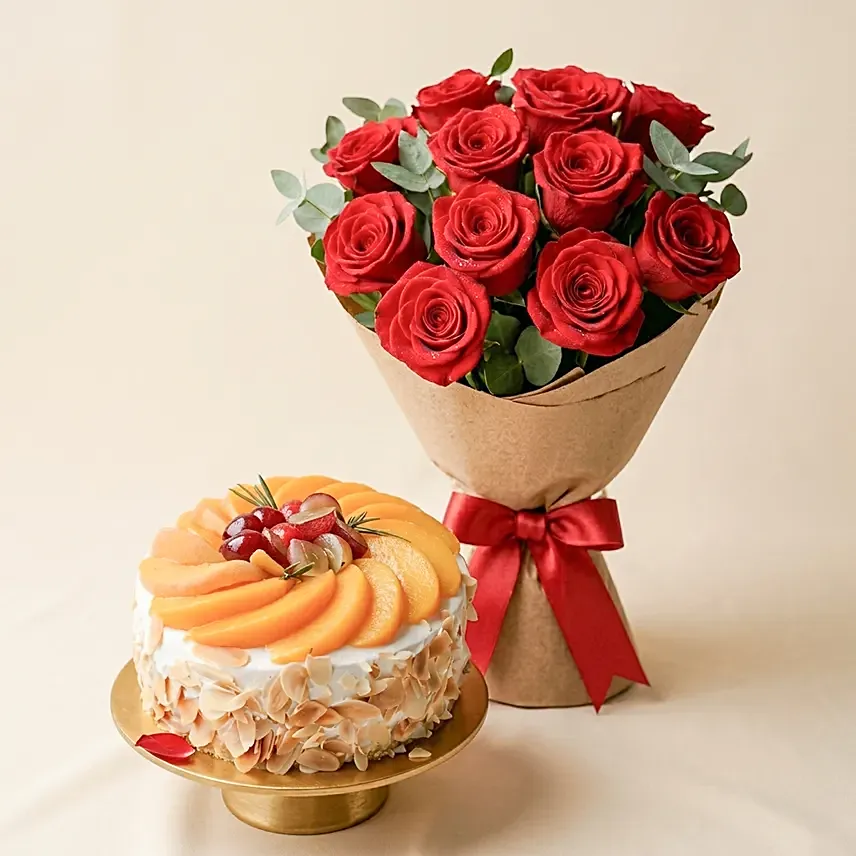 Flowers with Cake Bundle: Fruit Cake & Red Roses: Fruit Cakes Singapore