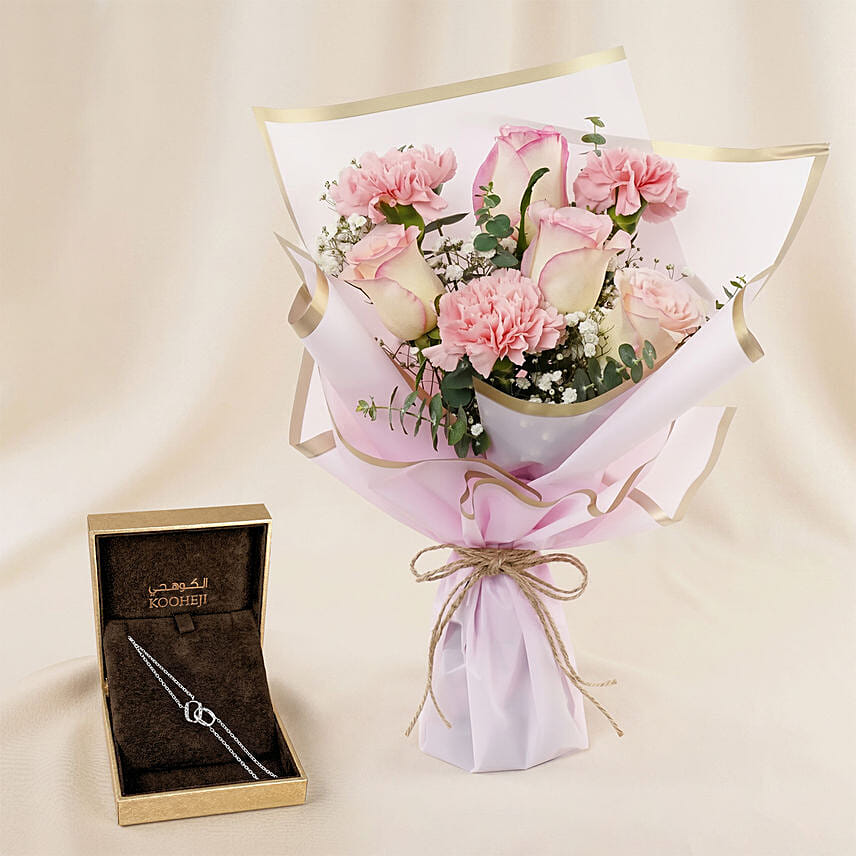 Pink Flower Bouquet with Gold Diamond Heart Pendant By Kooheji Jewelry: Mother's Day Jewellery