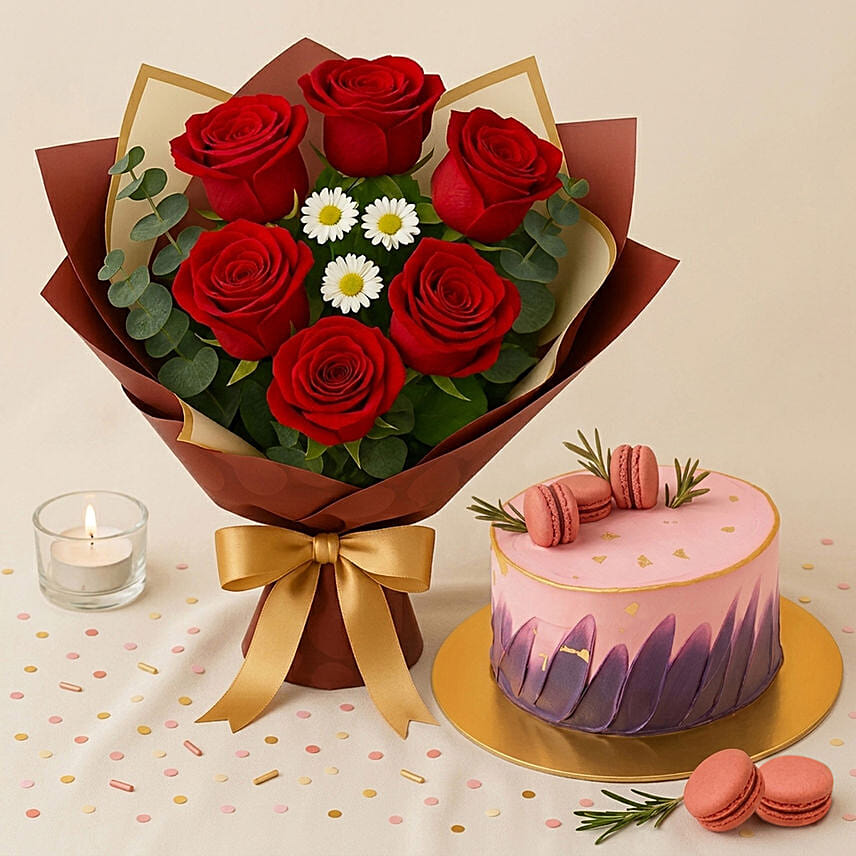Elegant Red Rose Bouquet with Red Velvet Designer Cake: New Arrival Gifts