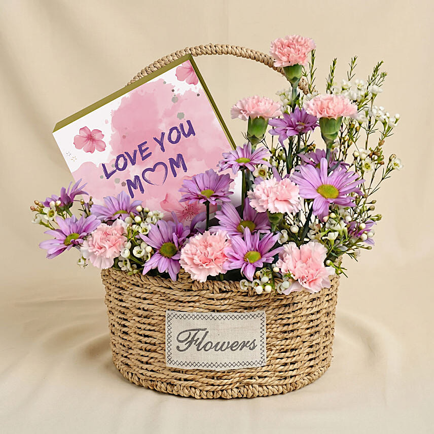 Mother&rsquo;s Love Pink & Purple Floral Basket with Chocolates: Mother's Day Flowers