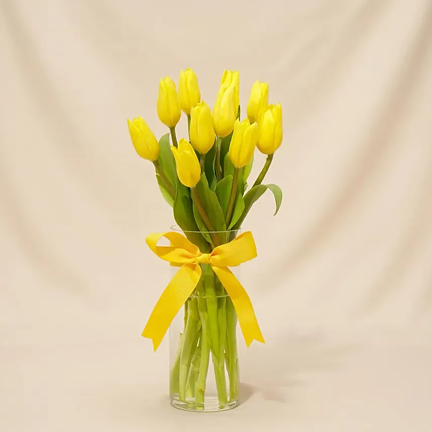 Serene Yellow Tulips Glass Vase: Birthday Flower Arrangements