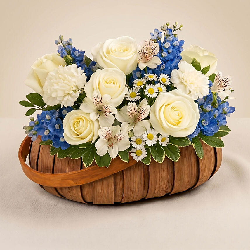 Blue and White Blooms Basket: Spring Flowers