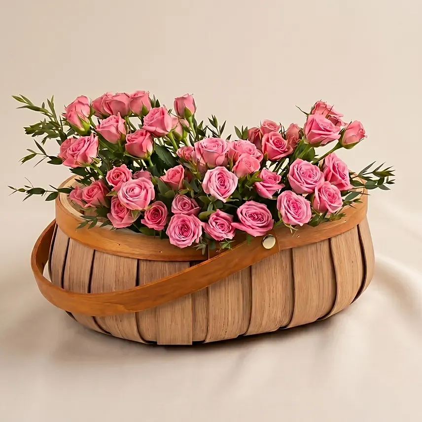 Pink Spray Rose in Small Basket: 