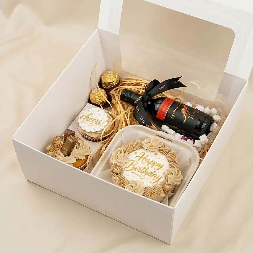 Yellow Tail & Ferrero Rocher Bento Cake Surprise Birthday Box: Vanilla Cakes