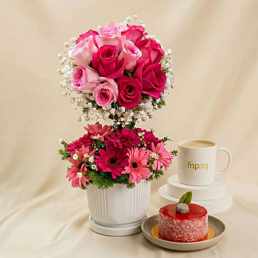 Flower Arrangement with Cake &ndash; Mesmerised Pink: Combo Gifts Singapore