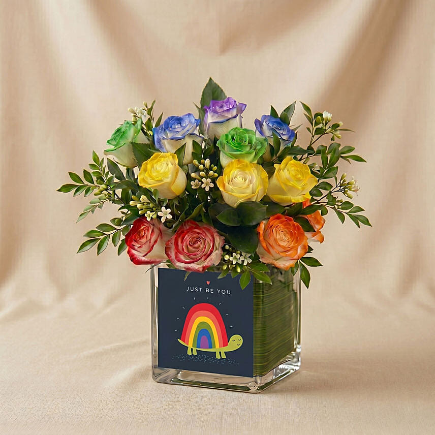 Just Be You - Rainbow Roses Arrangement: Yellow Flowers