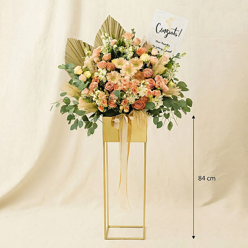 Blissful Mixed Flowers Golden Stand: Fresh Flowers 