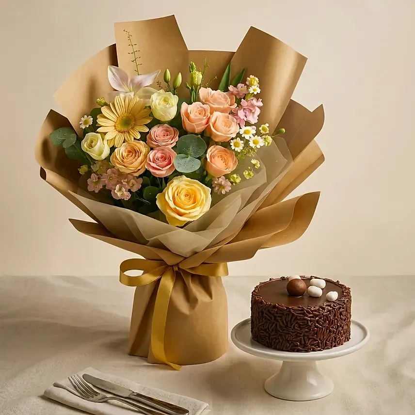 Beloved - Mix Flowers Bouquet & Chocolate Mini Cake: Same Day Delivery Gifts