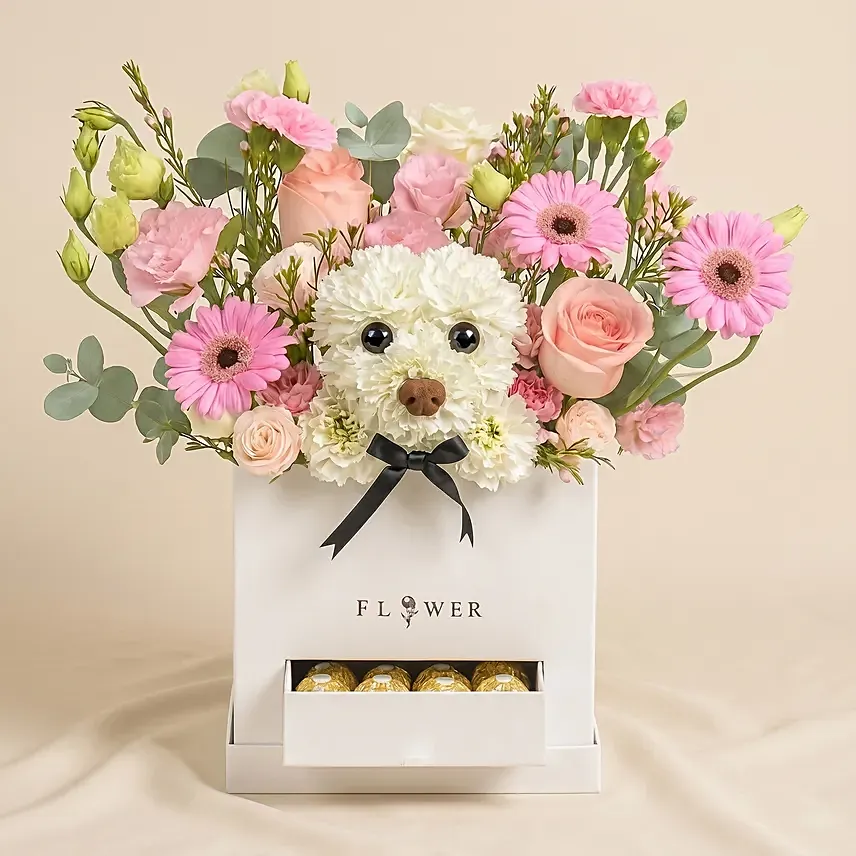 Hugs and Cuddles Flower Box: Flowers and Chocolates