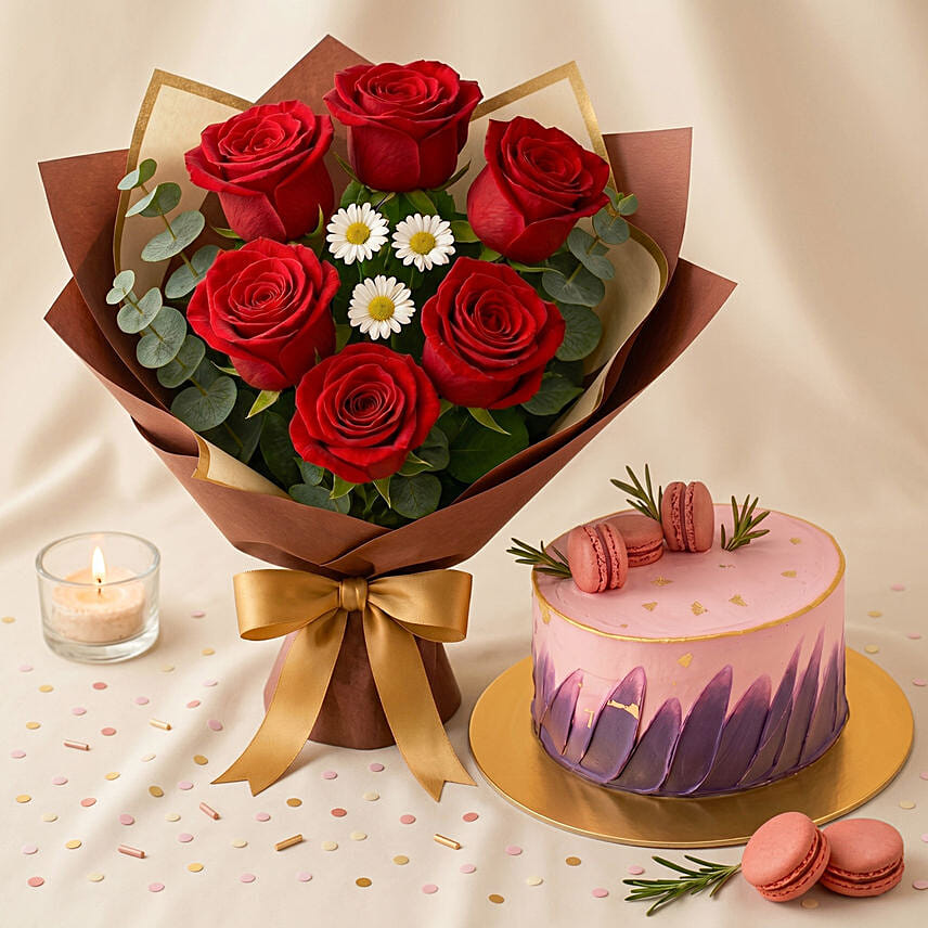 Elegant Red Rose Bouquet with Red Velvet Designer Cake: Flowers and Cake Delivery Singapore