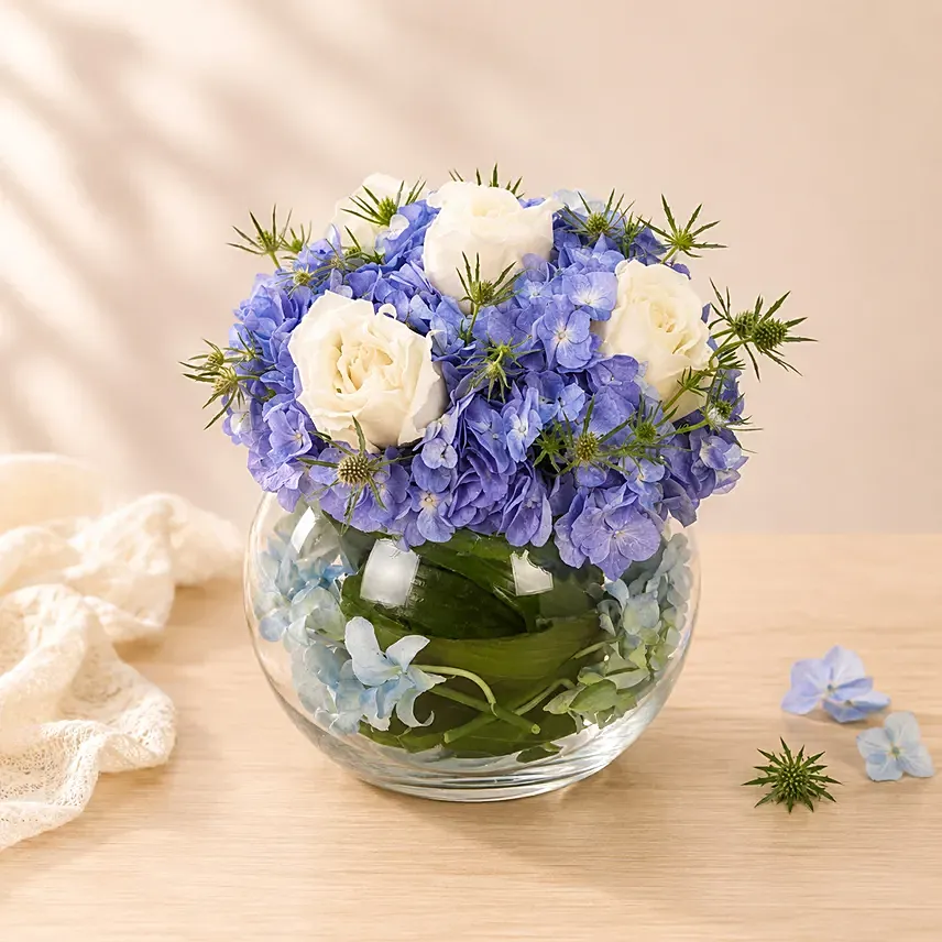 Elegant Blue Hydrangea & White Rose Glass Bowl Arrangement: Father's Day Flowers