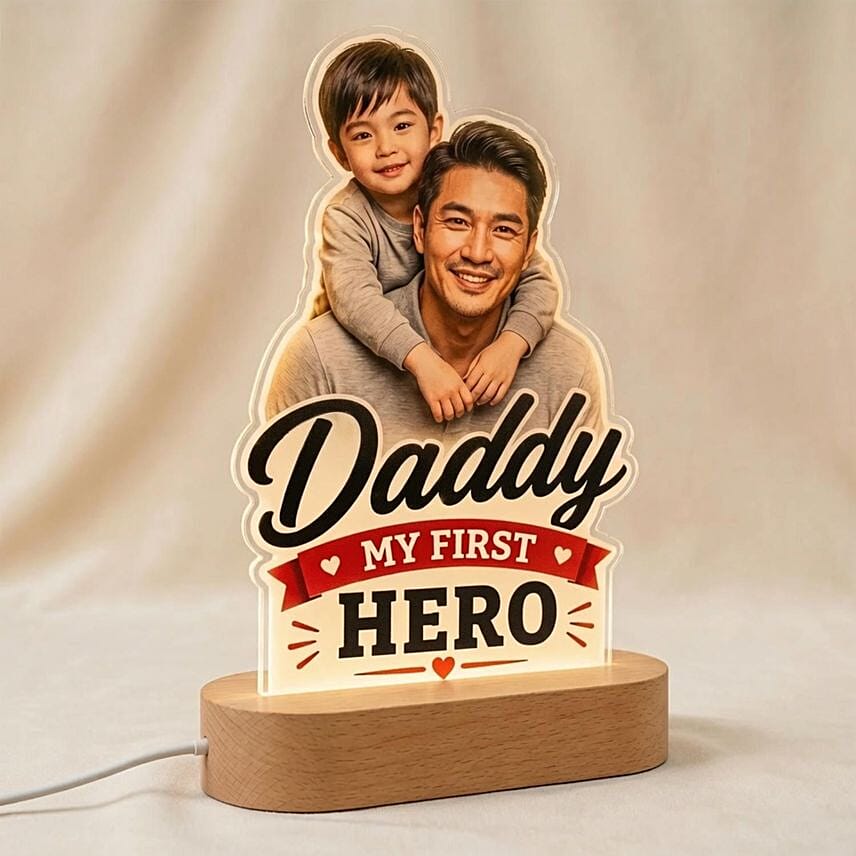 Personalised Hero Dad Photo LED Wooden Lamp: Father's Day Gifts