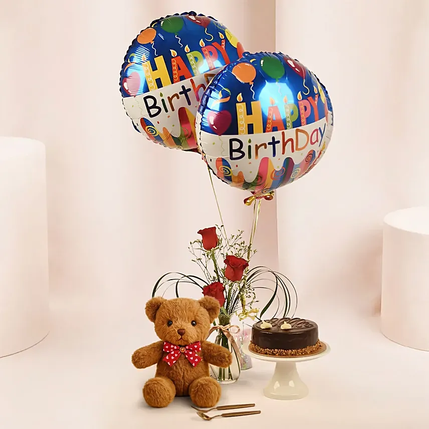 Birthday Surprise Combo with Roses, Cake, Teddy & Balloons: Soft Toys