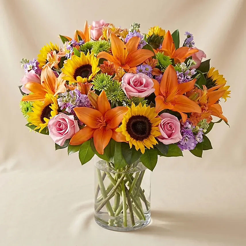 Vital Bunch of Flowers In Glass Vase: Orange Flowers