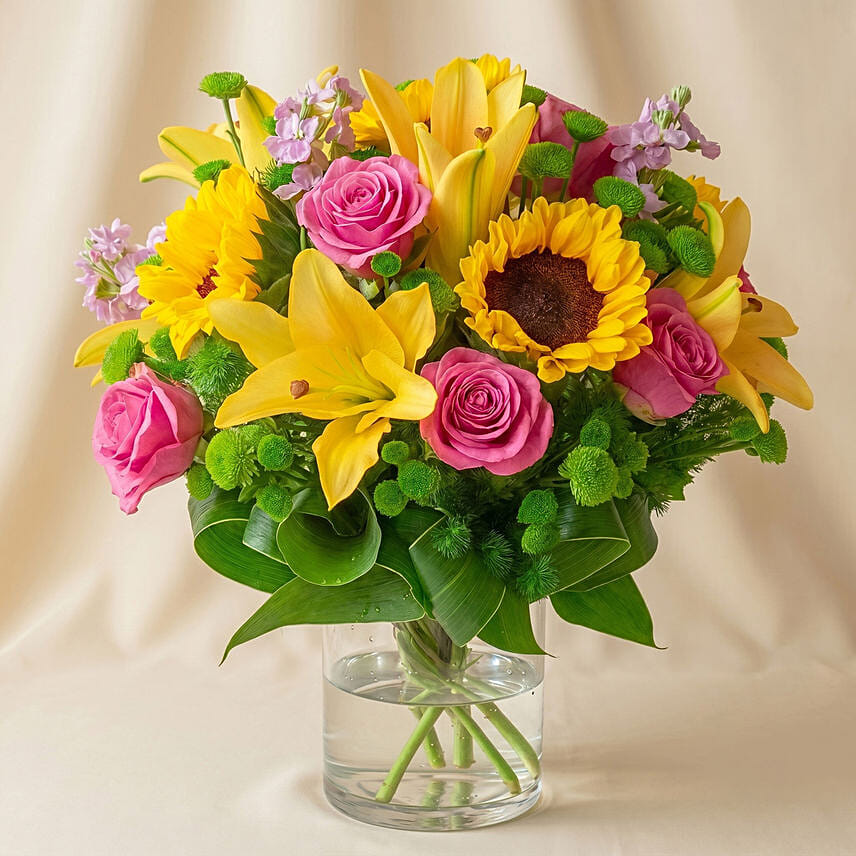 Vivid Bunch Of Flowers In Glass Vase: 