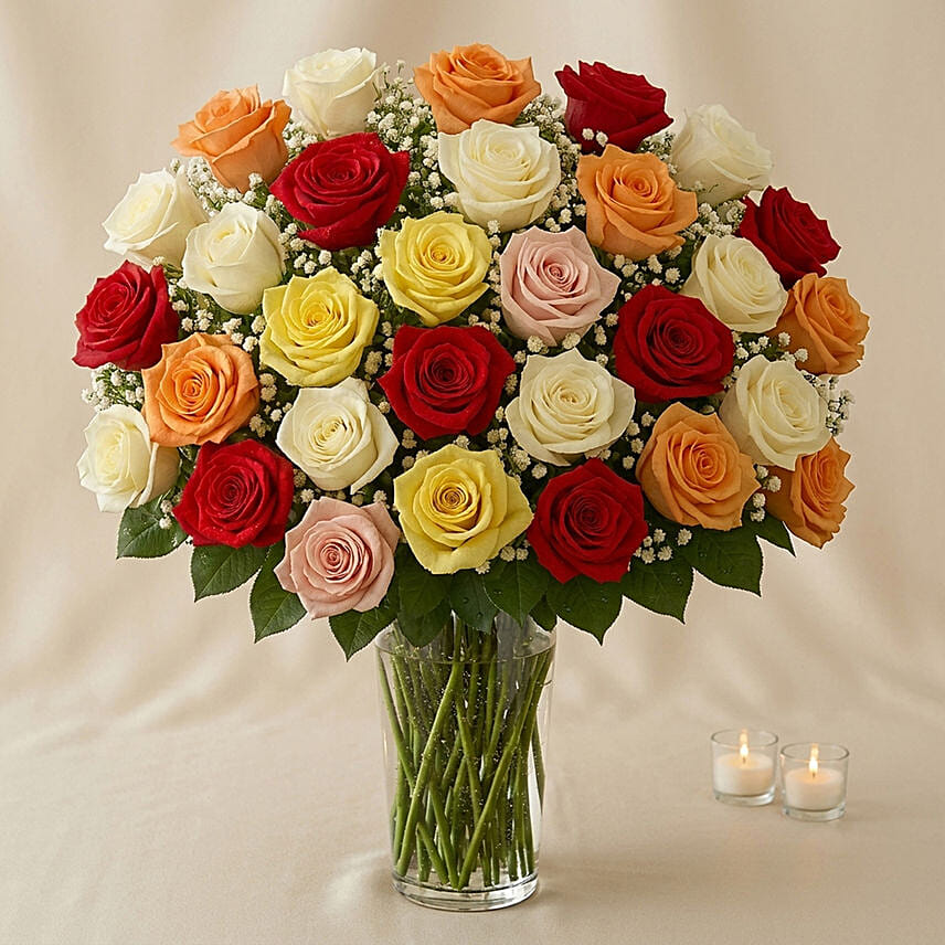 Bunch of 50 Assorted Roses In Glass Vase: Premium Gifts
