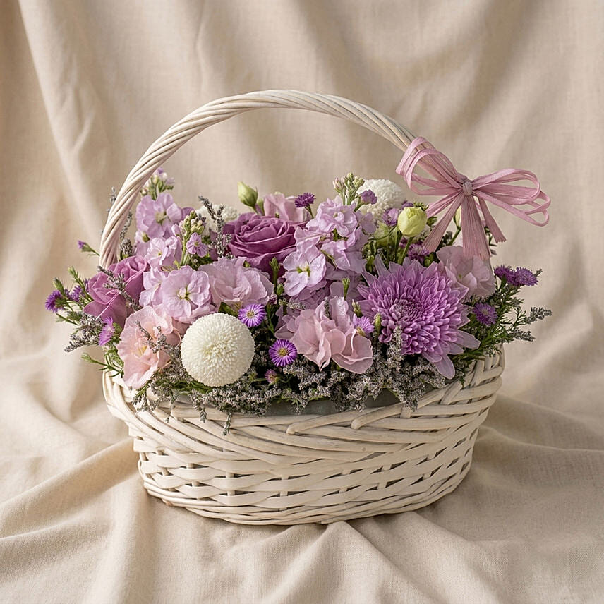 Enticing Mixed Flowers Round Basket: Basket Arrangements 