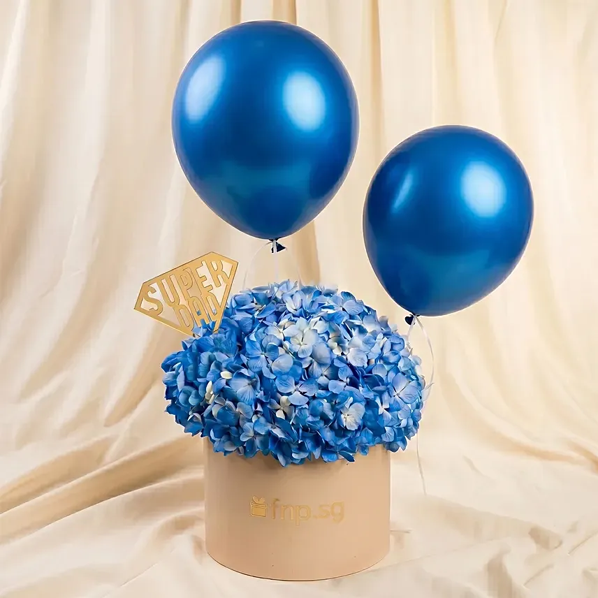 Super Dad Blue Hydrangea & Balloon Hatbox: Father's Day Gifts