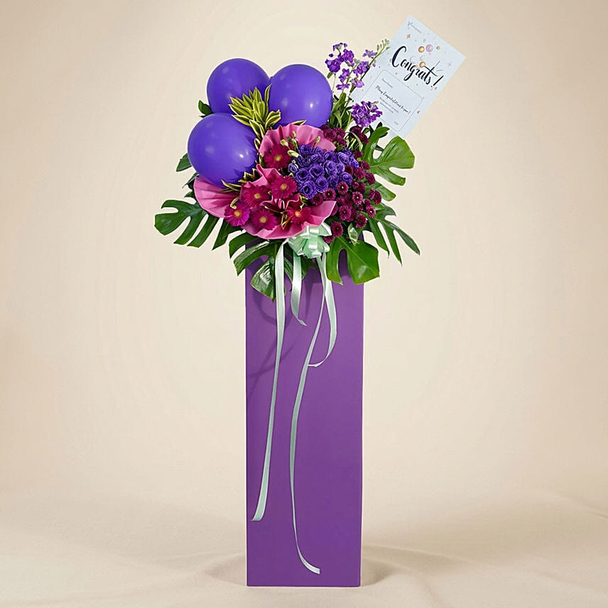 Mixed Flowers Purple Balloons Cardboard Stand: 