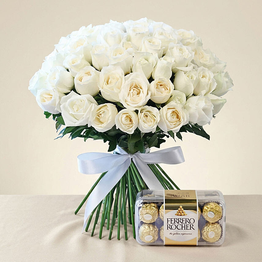 White Roses Bunch N Ferrero Rocher: For Anniversary