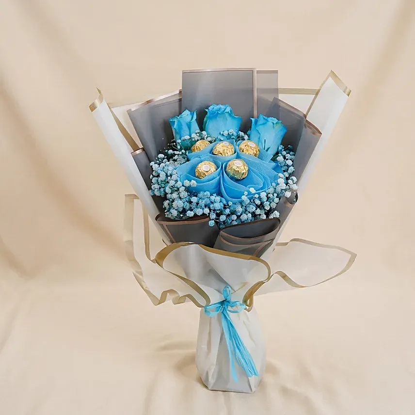 Blue Roses and Rochers Bouquet: Flowers and Chocolates