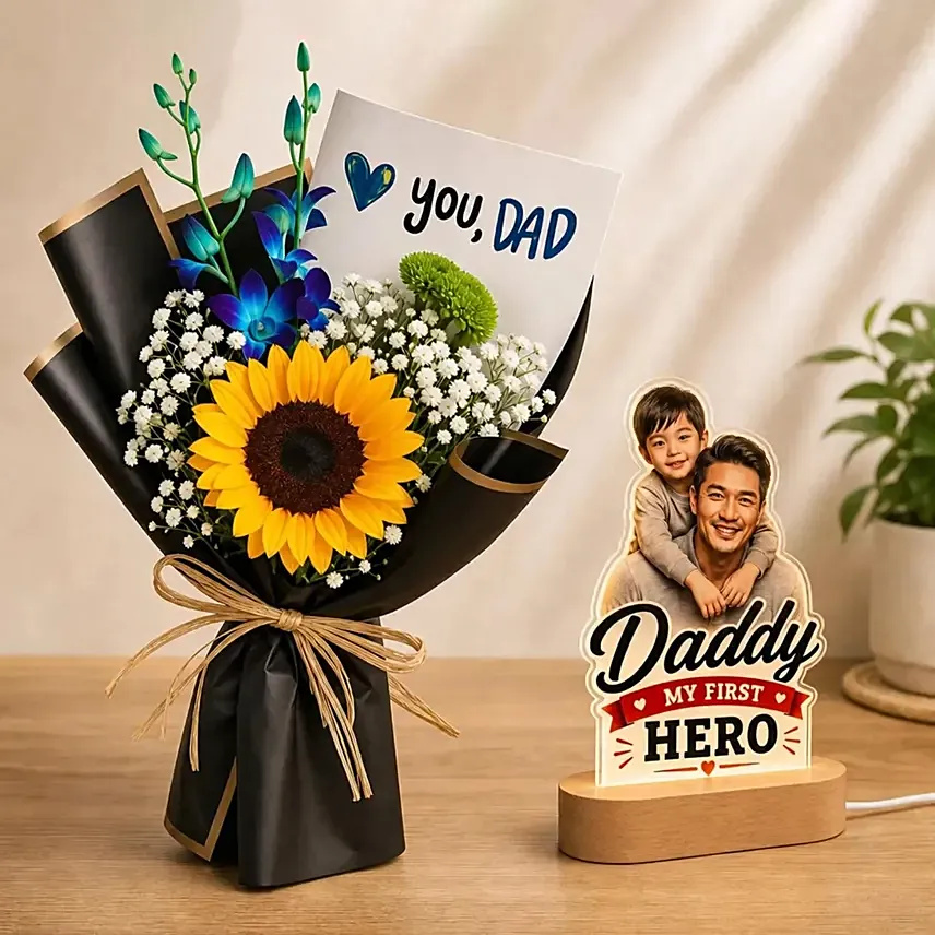 Hero Dad LED Lamp & Sunflower Bouquet: 