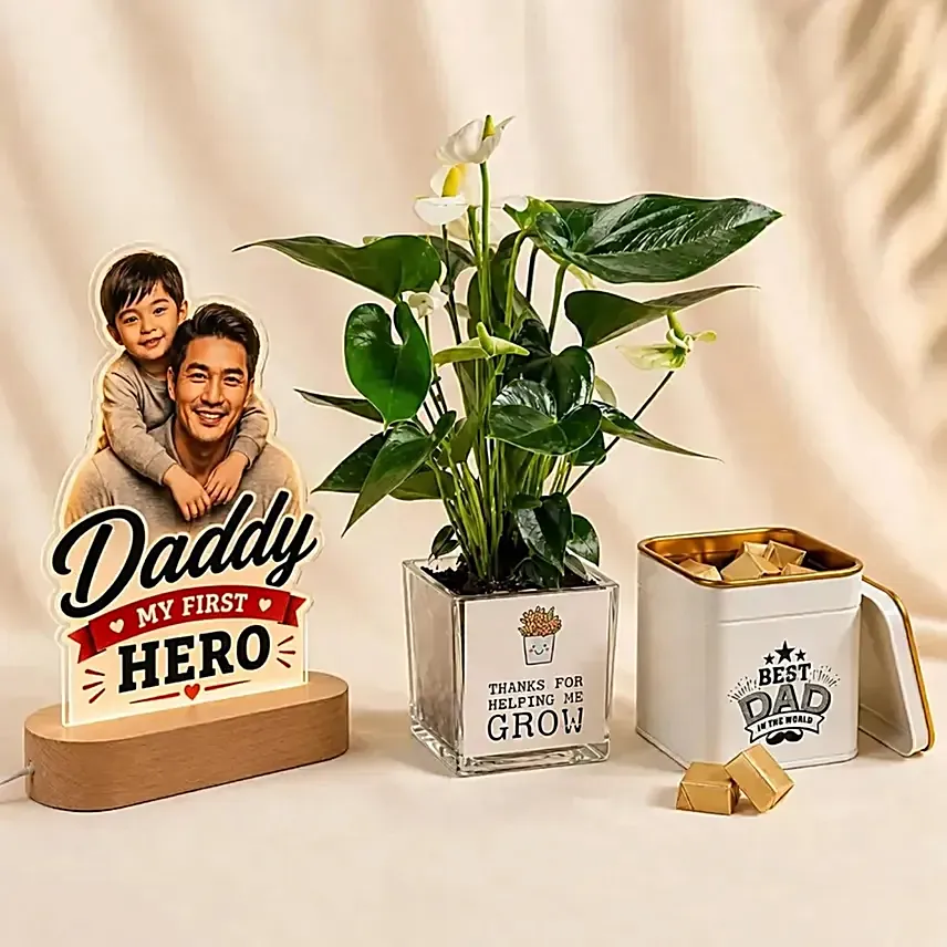 For Dad - LED Lamp, Plant & Chocolate Tin Set: Anthurium Plant
