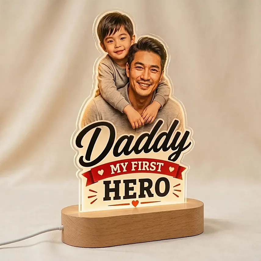 Personalised Hero Dad Photo LED Wooden Lamp: Gifts