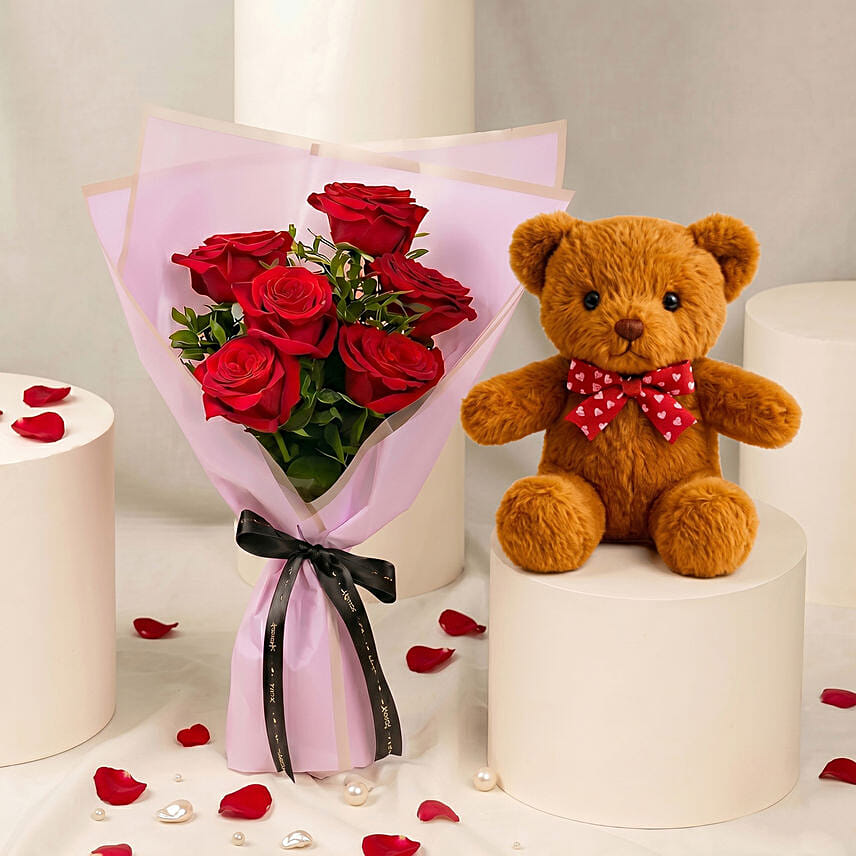 6 Roses and Teddy Combo: Flowers with Teddy Bear