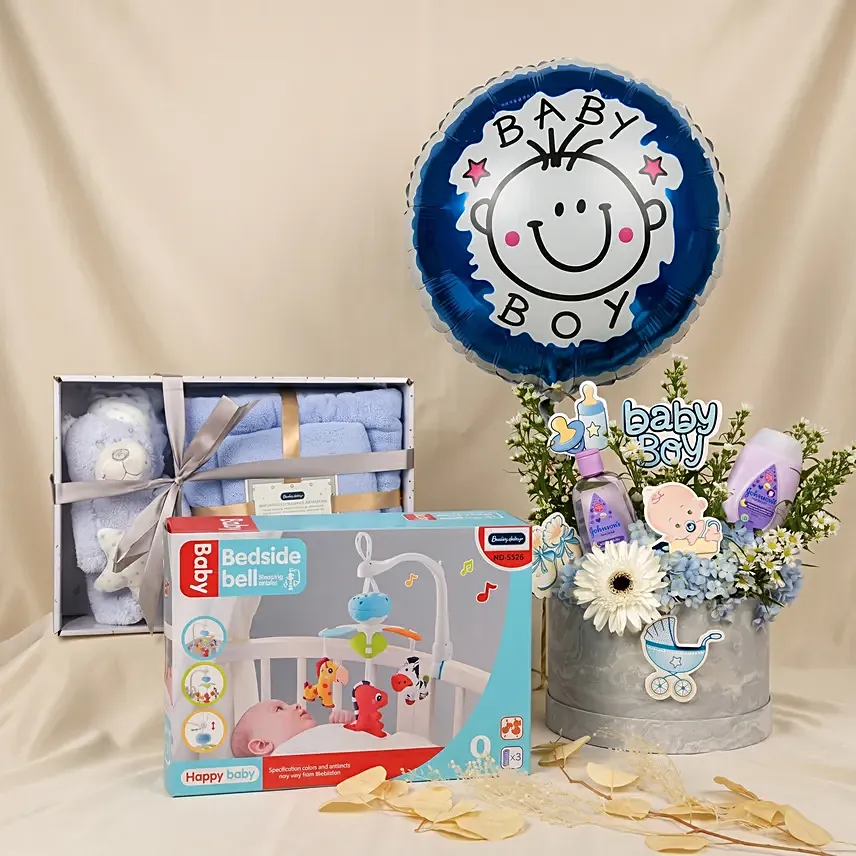 Its a Baby Boy Flowers Arrangement giftset with Balloon: Newborn Gifts Singapore