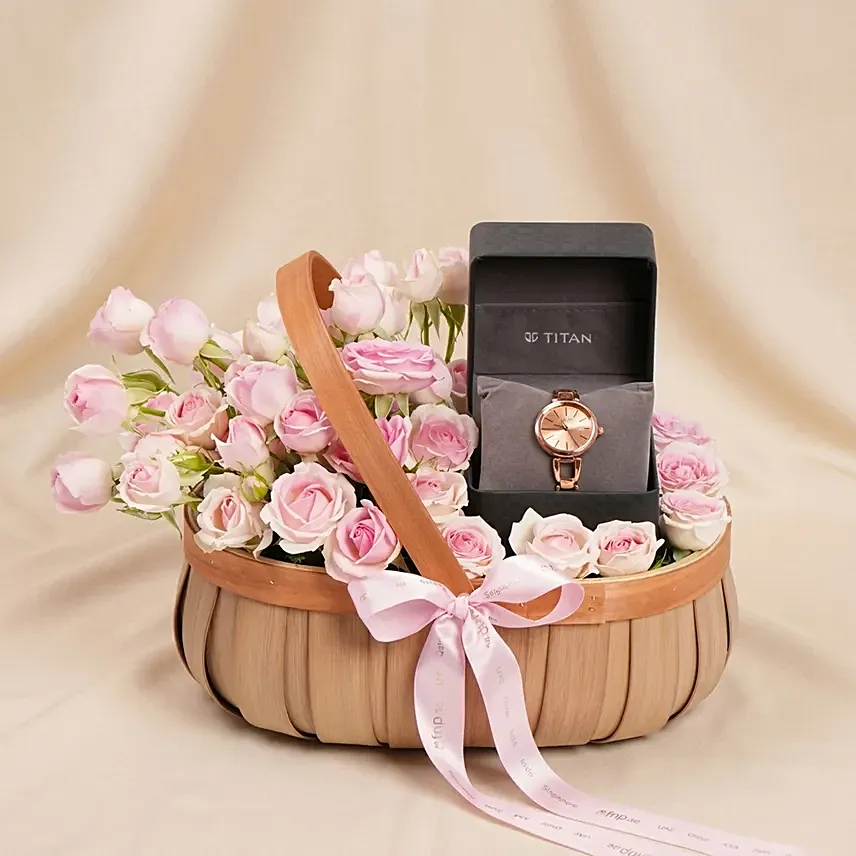 Titan Raga Watch Gift Basket For Her: Retirement Flowers