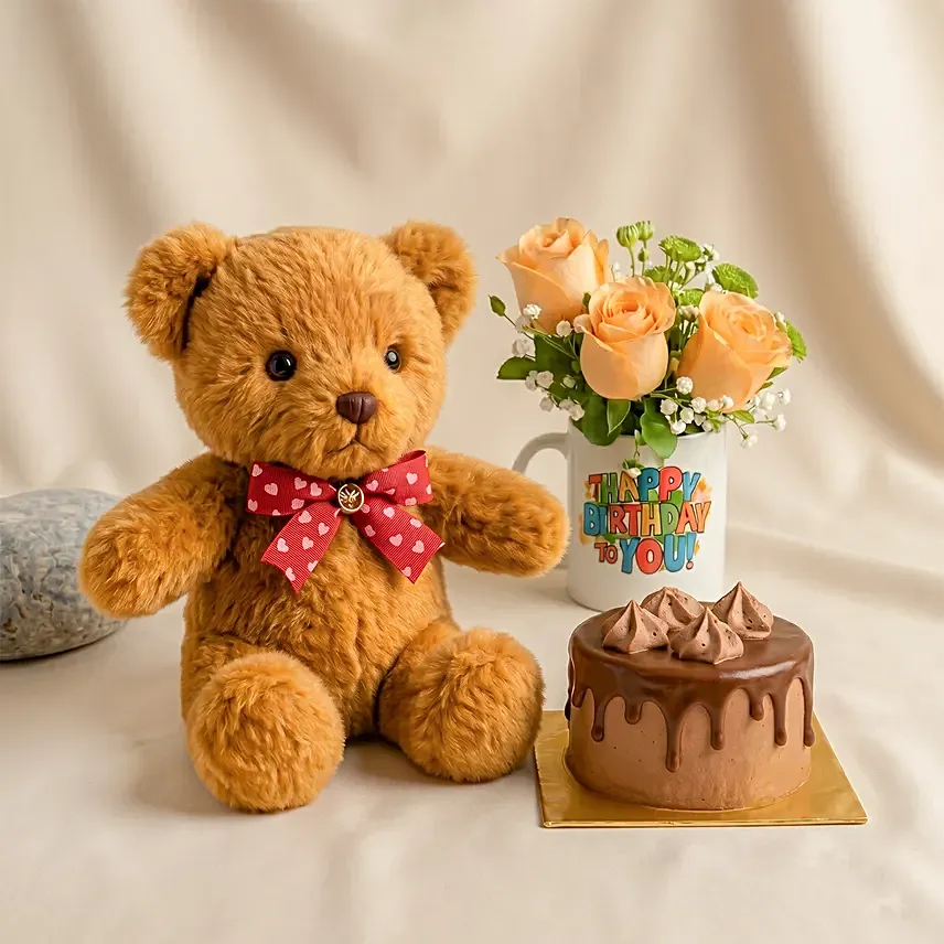 Birthday Floral Mug Arrangement with Teddy N Chocolate Cake: Flowers In A Mug