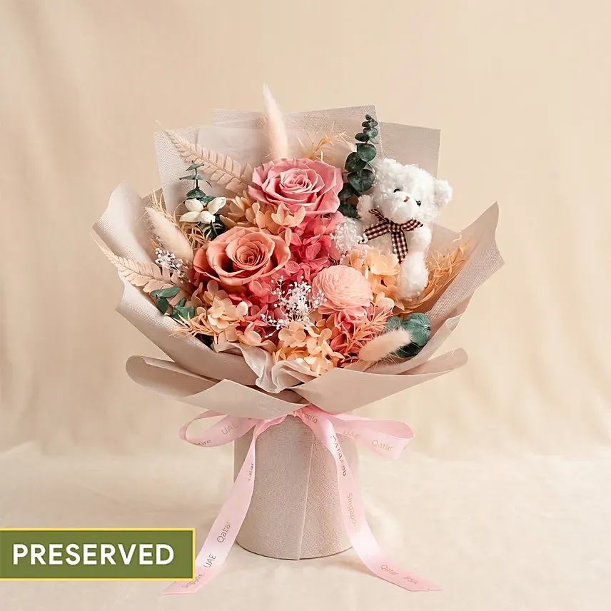 Soft Pink Rose & Teddy Bear Small Flower Bouquet: Newborn Gifts Singapore