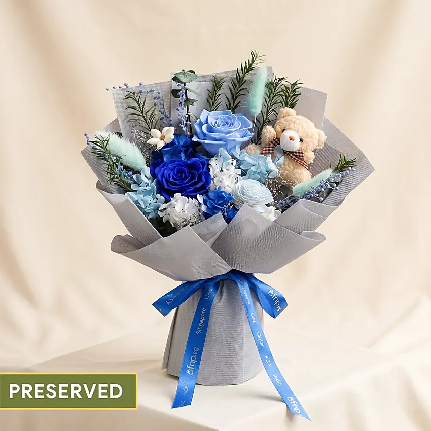 Mystic Blue Preserved Rose Bouquet with Teddy Bear: Newborn Gifts Singapore