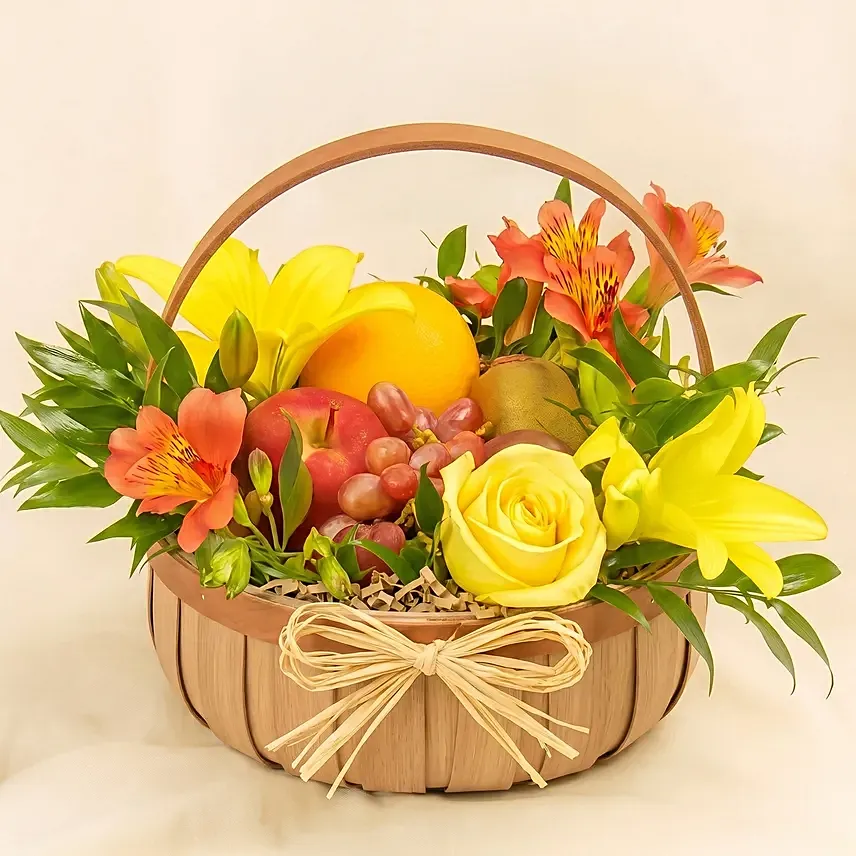 Basket Arrangement Of Fresh Flowers & Fruits: Flowers For Her