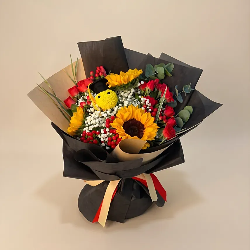 Radiant Graduation Sunflower & Red Rose Bouquet: Graduation Flowers